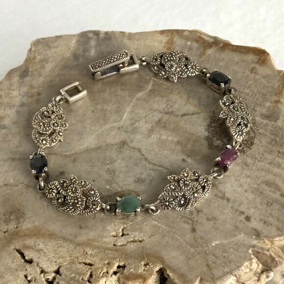 Sterling Silver 925 Multi Gemstone Marcasite Floral Link Bracelet 7.25" - Picture 3 of 16